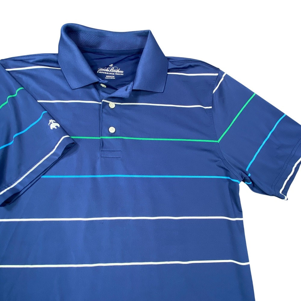 Brooks Brothers Polo Shirt Mens Medium Blue Stripe Performance Stretch Golf